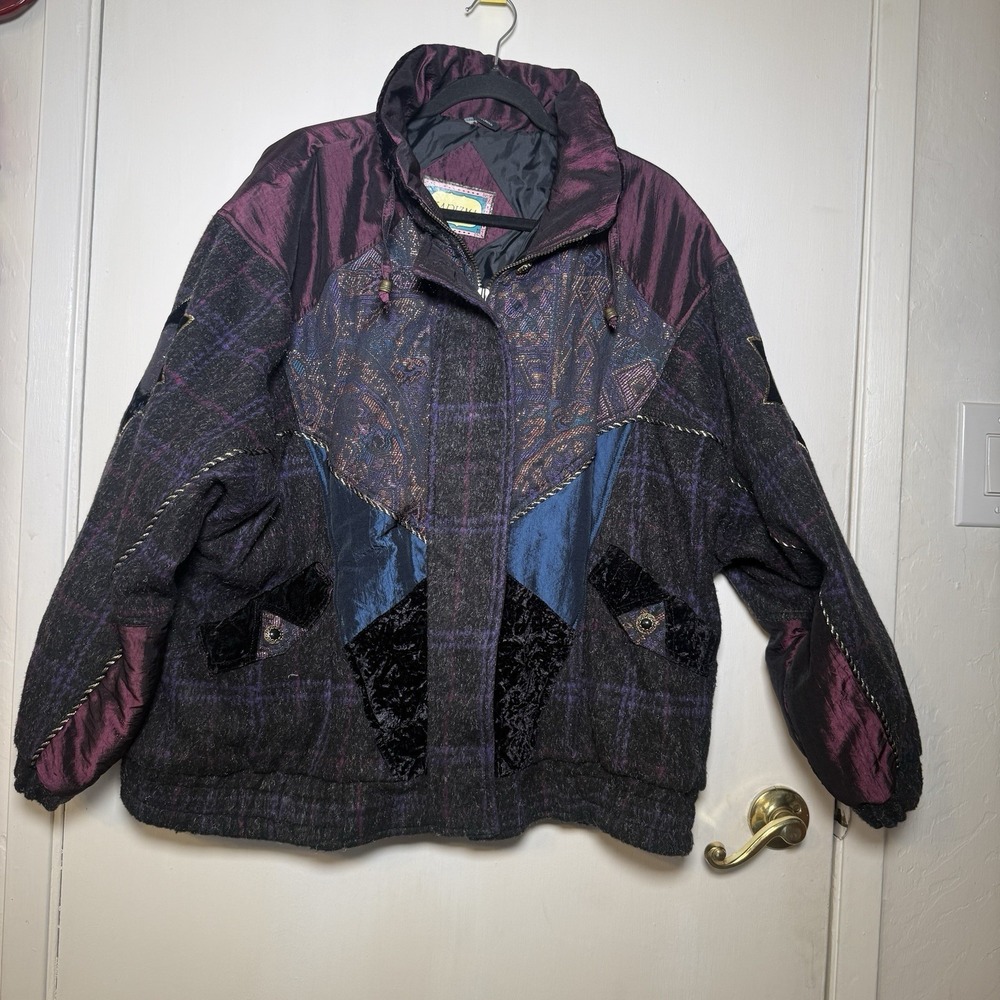 Vintage 80s Wool Velvet Coat Karizma Patchwork Purple Gray Women 2XL Jacket
